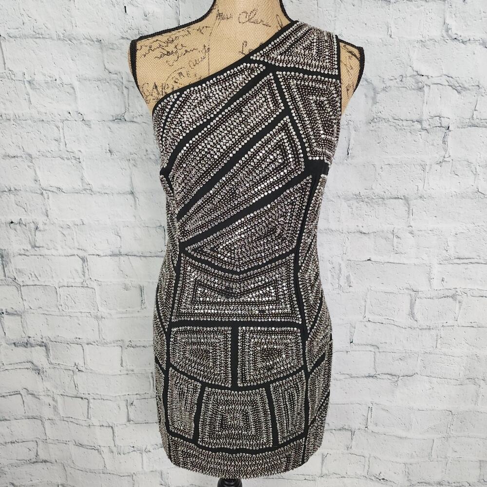 Amen beaded one shoulder dress Sz 46 mini black silver embellished A15C